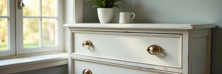 Whitewashed dresser, brass handles, window light, brass, space