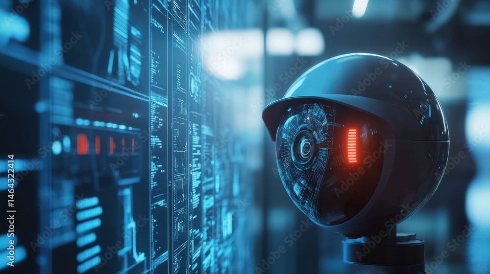 Poster high-tech security camera connected to a computer system, monitoring for unauthorized access