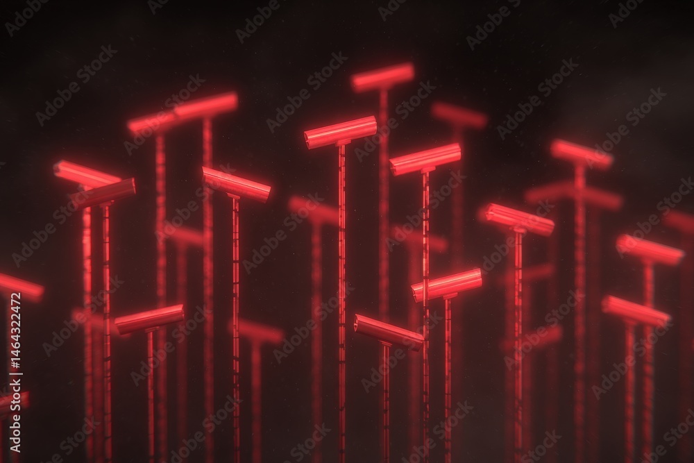 Poster abstract visualization of surveillance cameras with a dramatic red glow contrasting against a dark b