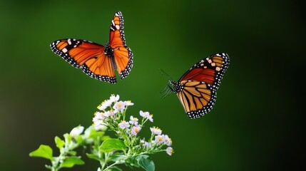 Obraz premium Close up of two vibrant monarch butterflies with orange and black patterned wings flying above a cluster of white and pink flowers on a lush green background