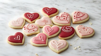Fototapeta premium A collection of heart-shaped cookies decorated with red and pink icing
