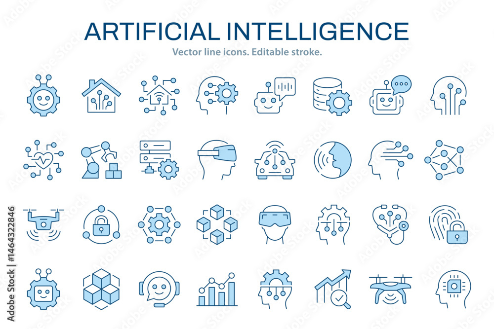 Fototapete artificial intelligence icon set. vector graphics collection with machine learning, digital brain, a