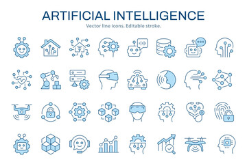 Artificial intelligence icon set. Vector graphics collection with machine learning, digital brain, ai and more. Two-color icons easily adapt to your design.