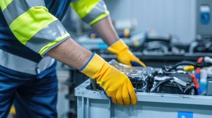 Fototapeta premium Worker in Safety Gear Handling Electrical Equipment in Warehouse