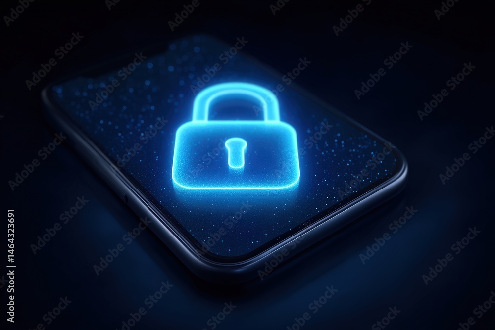 Poster digital security concept showcasing a glowing lock symbol on a smartphone screen representing data p
