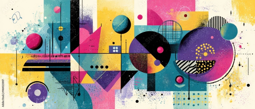 Aufkleber vibrant geometric abstract art with circles, triangles, and squares in a retro color palette, creati