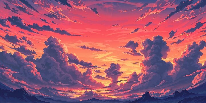 Anime sky sunset with yellow and orange tones, and swirling clouds