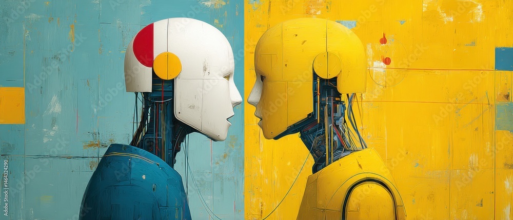 Poster abstract ai robots face to face with bold colors in a conceptual digital painting of artificial inte