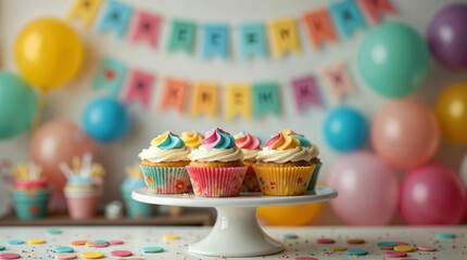 Colorful cupcakes on a stand at a festive birthday party