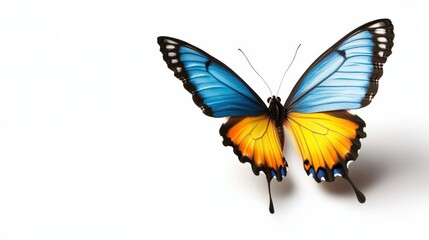 Naklejka premium Vibrant Blue and Yellow Butterfly with Open Wings Showcasing Intricate Details and Bright Colors Isolated on White Background for Nature and Butterfly Enthusiasts