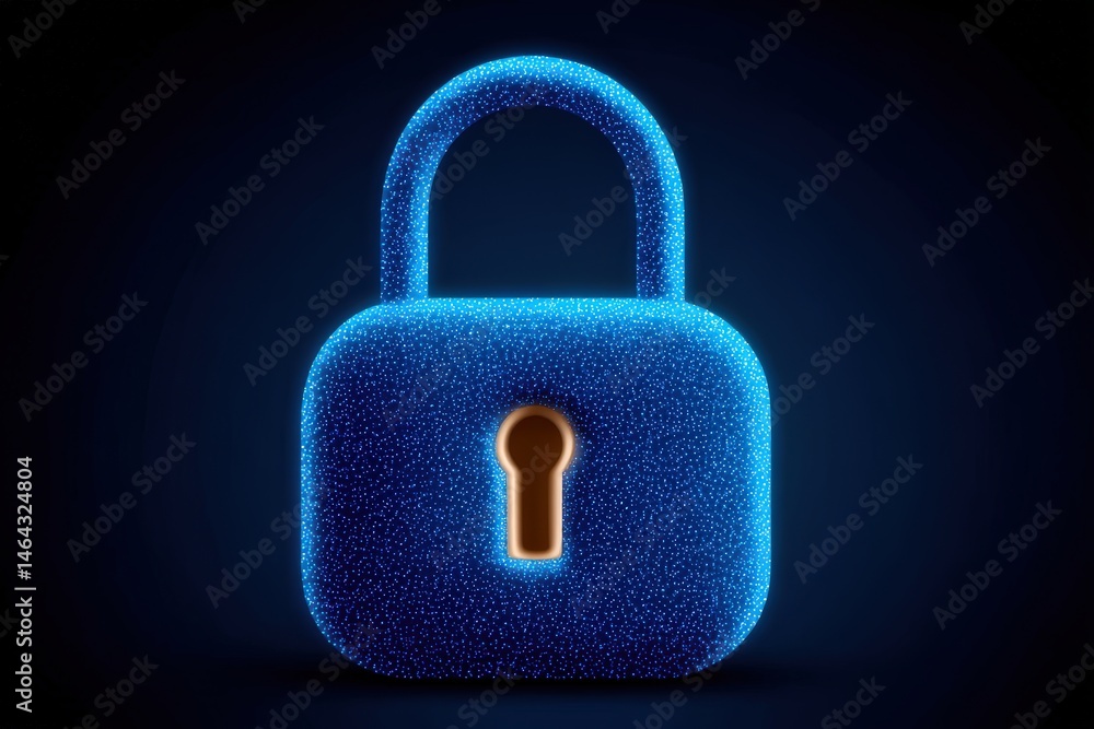 Poster futuristic digital lock symbol represented with glowing blue particles conveying security technology