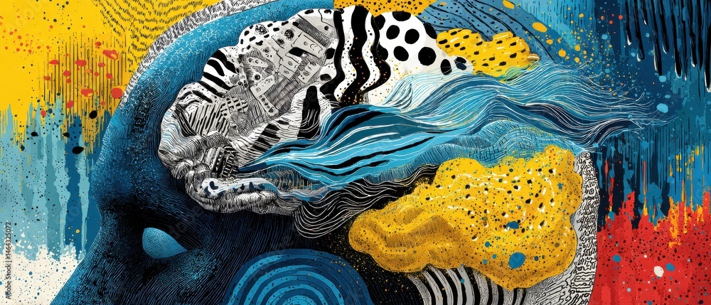 Poster abstract mindscape: surreal head with intricate patterns and vibrant colors, exploring creativity an