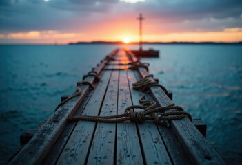 Fototapeta premium Serene sunset view from a wooden pier extending into the calm sea