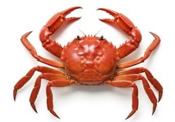 Cooked crab with claws raised on a white background, ready to eat