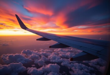 Obraz premium Airplane wing against a vibrant sunset sky with colorful clouds