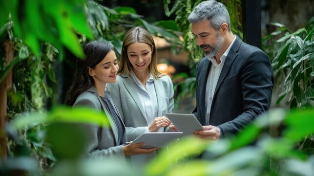 Diverse team collaborating in a green office space using tablets for discussion