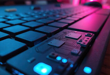 Close-up of a modern keyboard with illuminated keys and circuit design