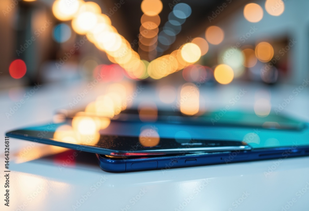 Poster modern smartphone with a sleek design placed on a reflective surface in a vibrant urban setting
