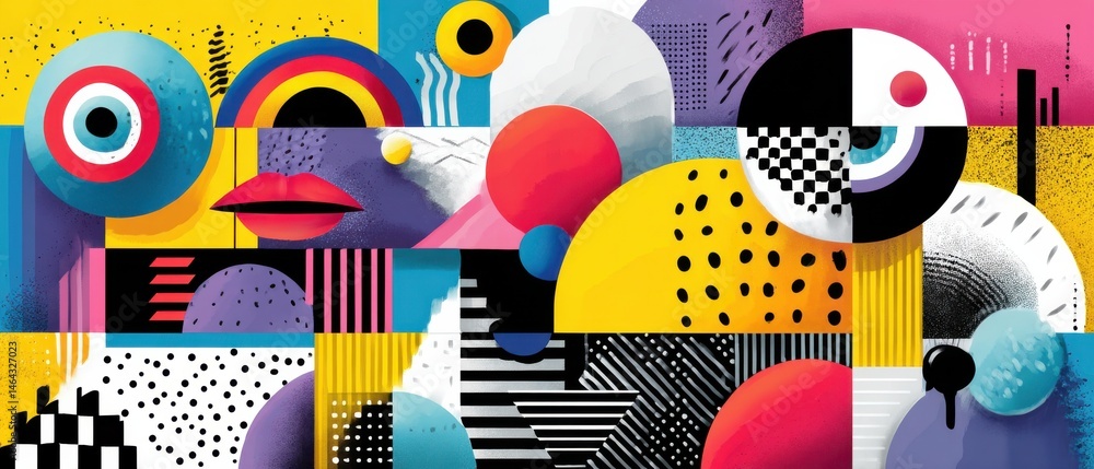 Poster vibrant abstract geometric collage with bold shapes and patterns in a retro 80s or 90s style, creati