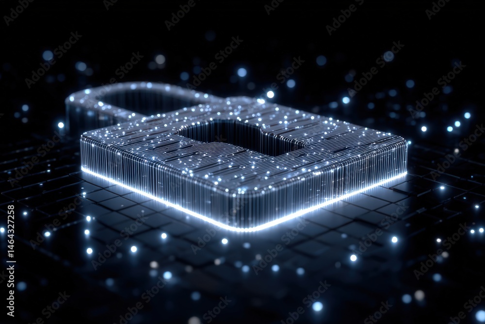 Poster cybersecurity concept depicting illuminated digital padlock symbolizing data protection and privacy 