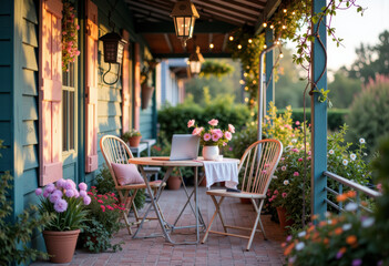 Fototapeta premium Cozy outdoor patio with flowers, a laptop, and a charming table setting