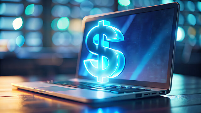 Close Up of Laptop with Creative Glowing Dollar Sign Representing Online Business
