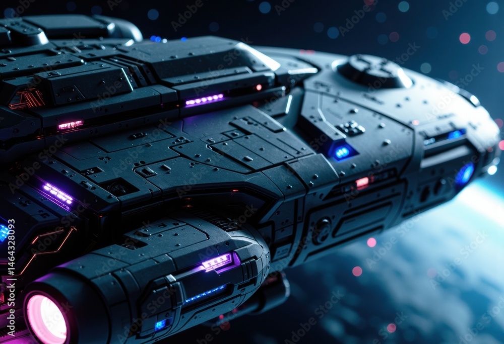 Poster futuristic spaceship with glowing lights orbiting a distant planet