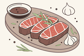 54 Photorealistic raw beef steak slices, oval ceramic platter, rosemary sprigs, garlic bulb, small bowl of sauce, peppercorns, sea salt flakes, mouthwatering juicy texture, soft lighting, studio photo