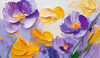 A vibrant oil painting of purple and yellow flowers with a soft pastel background.