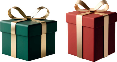 Set 3d vector illustration of a green gift box with a golden bow for Christmas isolated on a white background. A Christmas gift. The texture of gold. For banner design, social media, and wallpaper