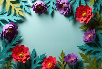 Colorful paper flowers arranged in a circular frame on a blue background