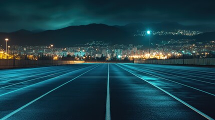 Fototapeta premium A long exposure night shot of an empty running track with city lights glowing in the background.