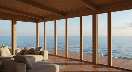 Fototapeta premium Living room with ocean view through windows