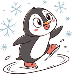 Cartoon Penguin Ice Skating on a Frozen Pond Surrounded by Delicate Snowflakes