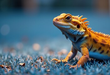Fototapeta premium A vibrant bearded dragon basking on a bed of blue grass
