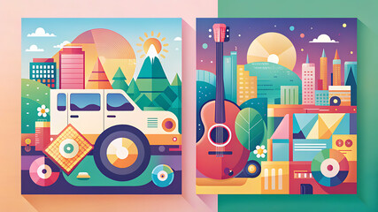 Naklejka premium Colorful Geometric Summer Festival Templates for Poster and Social Media Background
