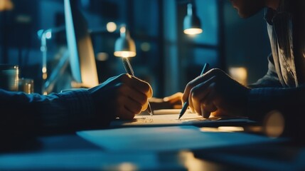 Collaborative design process shown through sketching illuminated by lamplight