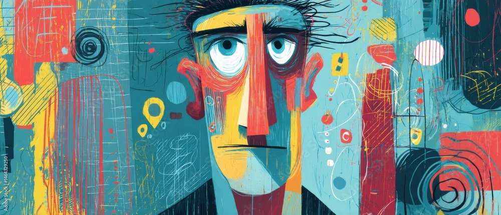 Poster abstract portrait of a man with worried expression in colorful and modern artistic style concept of 