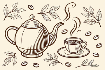 55 Vintage tea illustration, hand-drawn teapot and cup, sepia tones, coffee beans, steam wisps, green tea leaves, textured paper background, ink sketch style, warm muted colors, detailed linework, nos