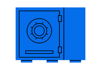 Hand drawn cute cartoon illustration of closed safe. Flat vector strongbox sticker doodle. Financial literacy or safety icon. Money protection. Bank deposit or savings. Security system. Isolated.