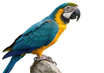 Fototapeta premium Blue and gold macaw perched on a rock against a white background