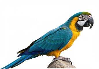 Fototapeta premium Blue and gold macaw perched on a rock against a white background