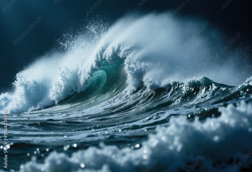 Poster powerful ocean wave crashing with spray and foam in a dynamic seascape scene