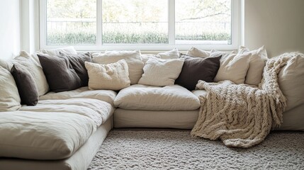 Fototapeta premium Beige sectional sofa with fluffy pillows and knit blanket