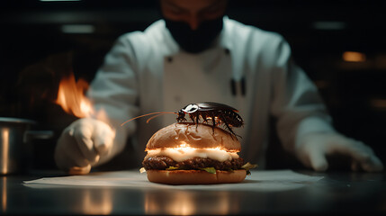 A chef prepares a burger with an unexpected topping. The burger is lit with a warm glow highlighting a cockroach on top. Food safety concerns arise.