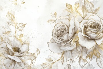 Floral illustration with roses and leaves for wedding invitations and greeting cards.