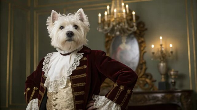 A white dog dressed in elaborate historical costume stands confidently in a luxurious, vintage room.