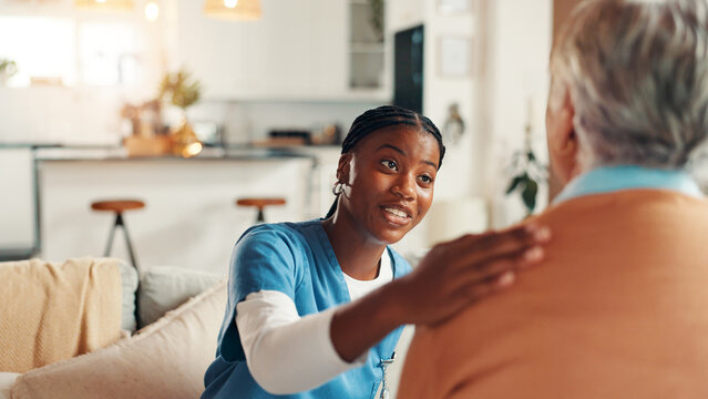 Happy, support and nurse with old woman on sofa for Healthcare advice, kindness and trust. Medical caregiver, retirement and consulting with senior patient in nursing home for help and elderly care