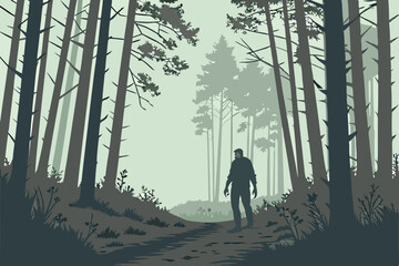 56 Zombie in misty forest, decaying humanoid figure, eerie atmosphere, tall pine trees, foggy woodland path, dim sunlight filtering through branches, dark silhouettes, atmospheric horror, cinematic li