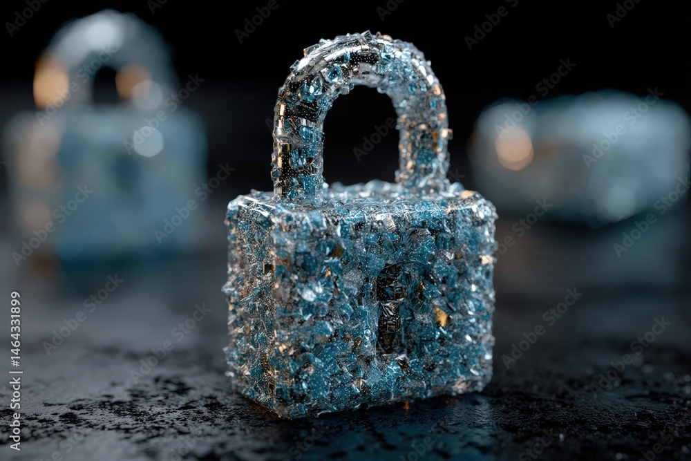 Poster unique ice-inspired padlock design symbolizing enhanced security measures showcasing intricate textu